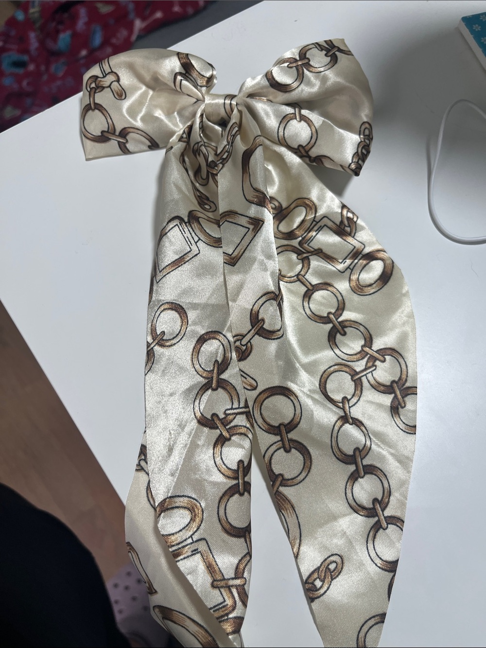 Silky Ivory Chain Print Bow Scarf
